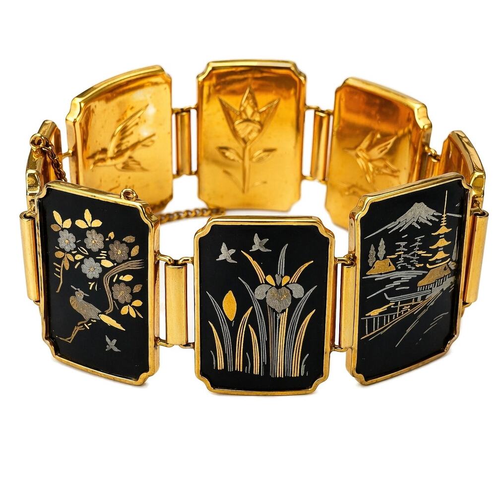 Amita Japan Damascene Bracelet Scenic Panel Inlay Gold Tone Vintage 8"